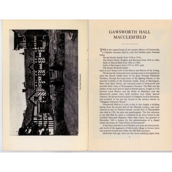 GAWSWORTH HALL MACCLESFIELD ENGLAND MUSEUM TOUR GUIDE 1th Ed., Circa 1960 - Picture 3 of 5